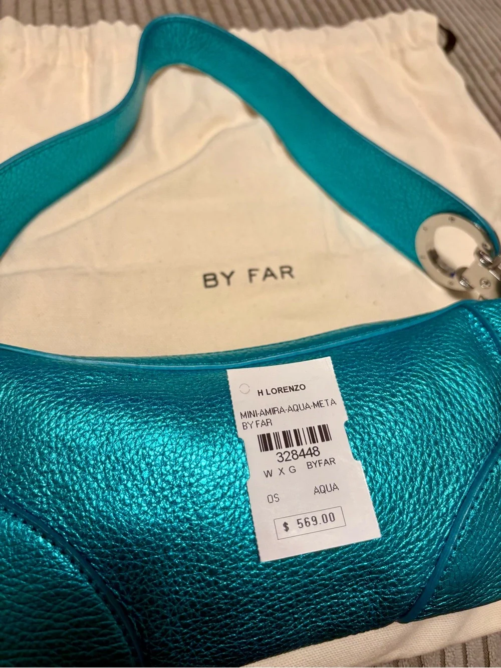 BY FAR Mini Amira Aqua Metallic Leather Shoulder Bag